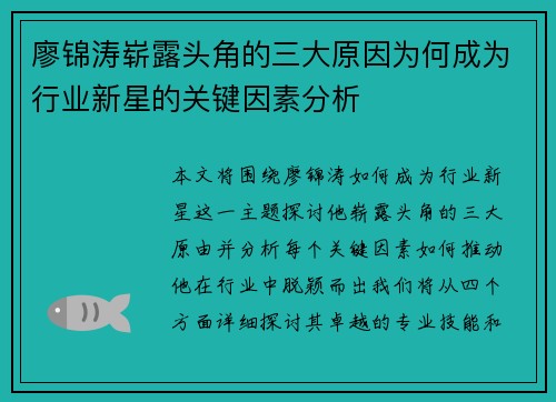 廖锦涛崭露头角的三大原因为何成为行业新星的关键因素分析 廖锦涛崭露头角的三大原因为何成为行业新星的关键因素分析