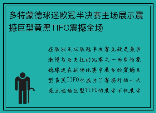 多特蒙德球迷欧冠半决赛主场展示震撼巨型黄黑TIFO震撼全场