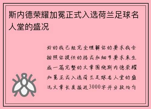 斯内德荣耀加冕正式入选荷兰足球名人堂的盛况