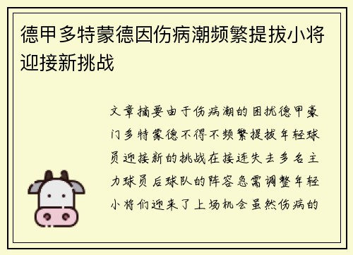 德甲多特蒙德因伤病潮频繁提拔小将迎接新挑战
